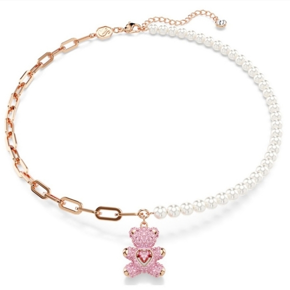 🔹️Swarovski 🔹️Pink Teddy Bear pendant Crystal pearl   Rose gold-tone Necklace - Picture 1 of 6